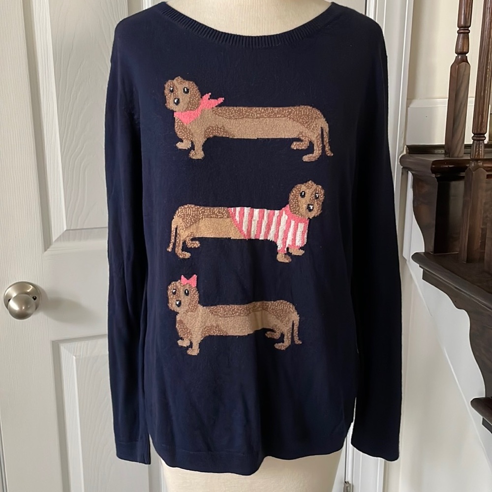 Talbots 3 Dachshunds doggies lightweight navy cotton sweater top LP - Picture 1 of 9